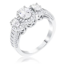 Silver Ring Rhodium Plated 3-Stone Clear Oval Cut CZ Halo Ring