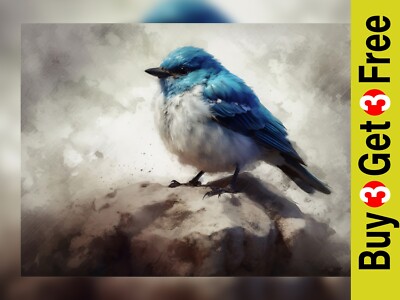 Azure Solitude: Maldruck eines blauen Vogels auf einem Felsen 5 Zollx7