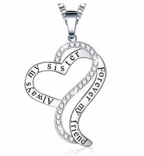 Always My Sister Forever My Friend CZ Love Heart 925 Sterling Silver Pendant