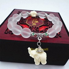Natural Matte Clear Crystal Elephant Charm Stone Bead Bracelet