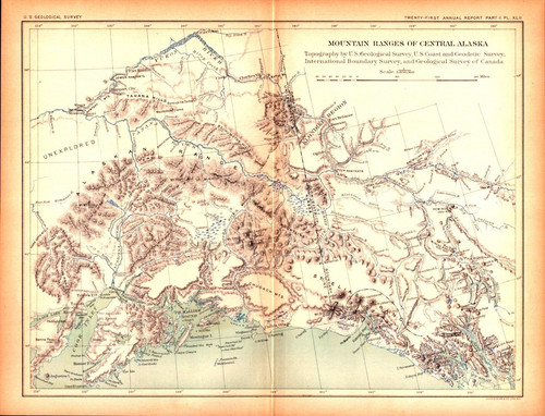 MOUNTAIN RANGES, CENTRAL ALASKA Antique Geological Map 1900