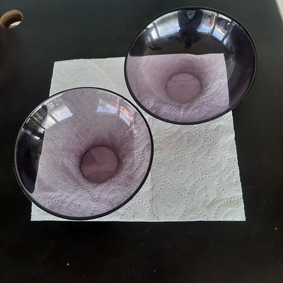 2 Vintage Orrefors Home Mingle Amethyst Glass Asymmetrical Bowls 7.5'' Sweden.