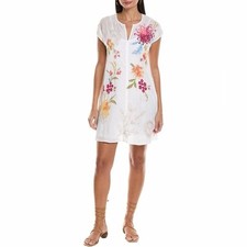 Johnny Was Playa Embroidered Tunic Mini Dress White Floral Celestial Multi M
