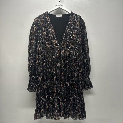 Sandro Dinna Dress Mini Printed Silk Metallic Flare Floral Black Size 34 US 2