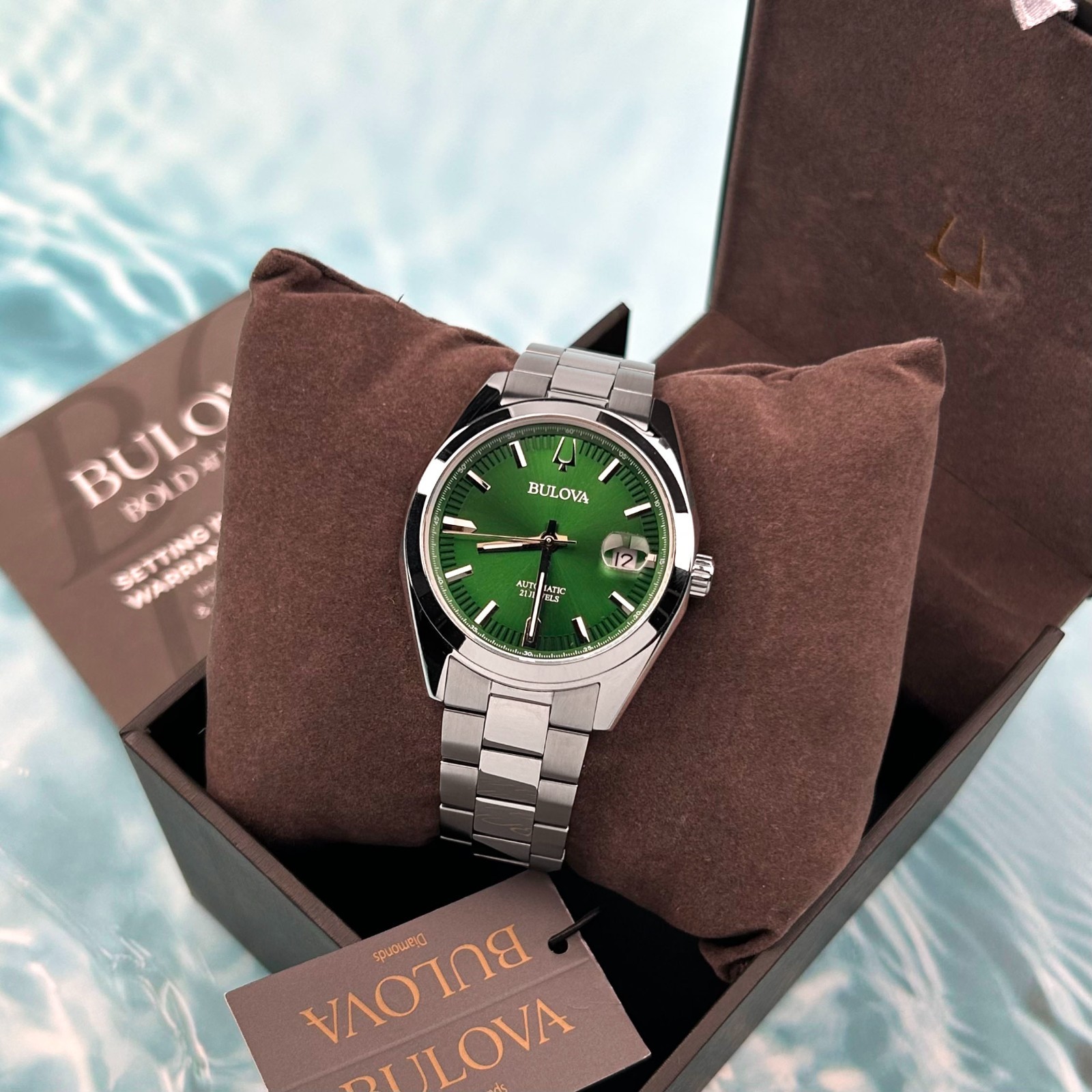 Bulova 96B429 Surveyor Automatic Green Dial Men's Stainless Steel Watch 39MM