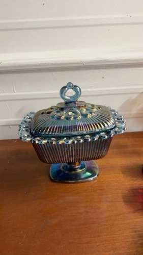 Indiana Glass Blue Carnival Glass Pedestal Vtg Iridescent Dish