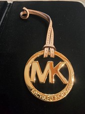 Michael Kors MK Logo 2 " Purse Charm Hang Tag Fob Gold Tone Light Leather Cord