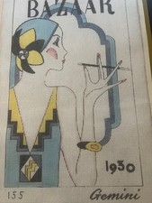1980's Bazaar Gemini 1930 Needlepoint Canvas Art Deco Style Lady blue and yellow