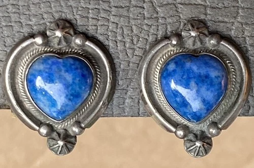 Vintage Roie Jaque Navajo .925 Sterling Silver Lapis Lazuli Heart Earrings