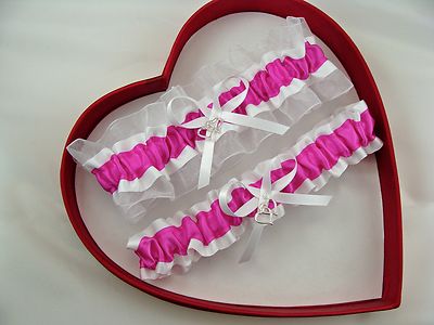 NEW Fuschia White Wedding Garter SELECT: Single,Set,Reg, plus size, charm