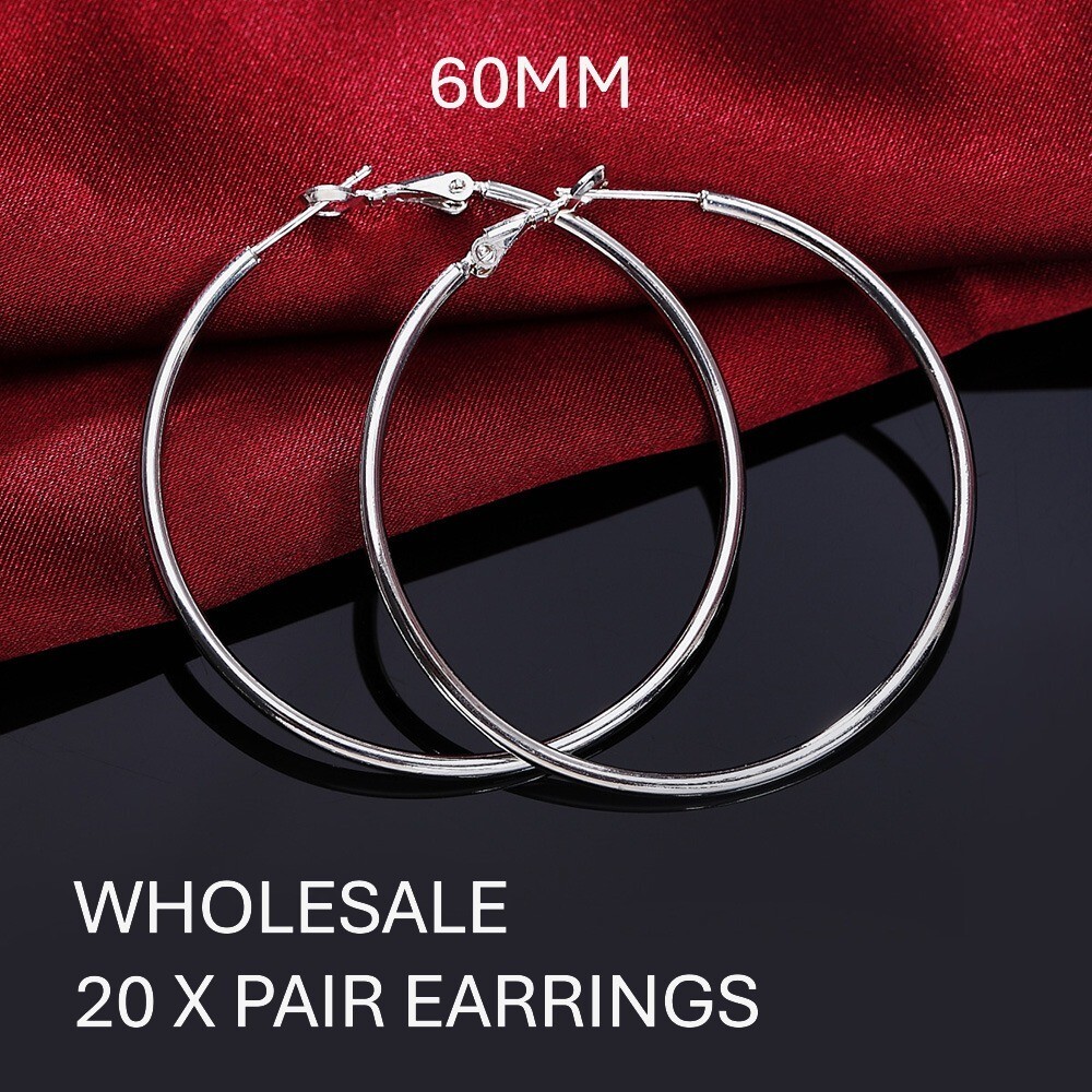 Wholesale 20pcs 925 Sterling Silver 60mm Hoop Sleeper Earrings