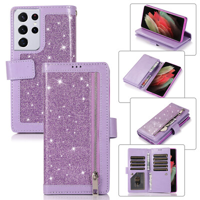Bling Leather Card Wallet Stand Case Cover For Samsung Galaxy S22 Plus S22 Ultra