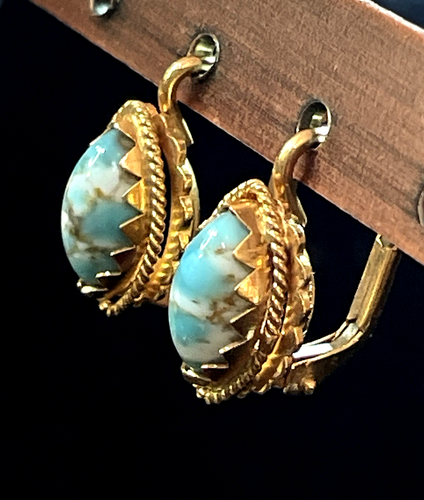 18K GOLD PERSIAN TURQUOISE EARRINGS NATURAL GEMSTONE 750 LEVERBACK SIGNED - Picture 5 of 21