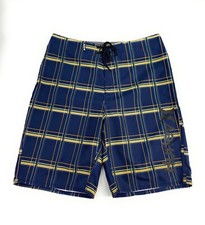 Hurley Men's Tie Closure Flat Front Polyester Navy Blue Plaid Board Shorts 31