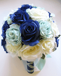17 Piece Wedding Bouquet Bridal Silk Flowers Mint Navy Blue Cream Image Is Loading 17 Piece Wedding Bouquet Bridal Silk Flowers Mint