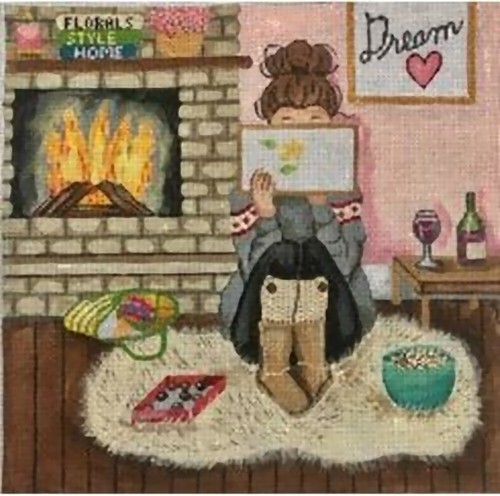 Needlepoint Handpainted Gayla Elliot Stitching Girl Winter 10x10 - Picture 4 of 4