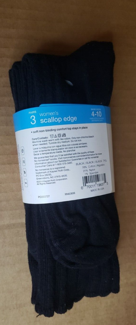 No Nonsense Women's Casual Scallop Edge Socks, Black, Size 410, 3