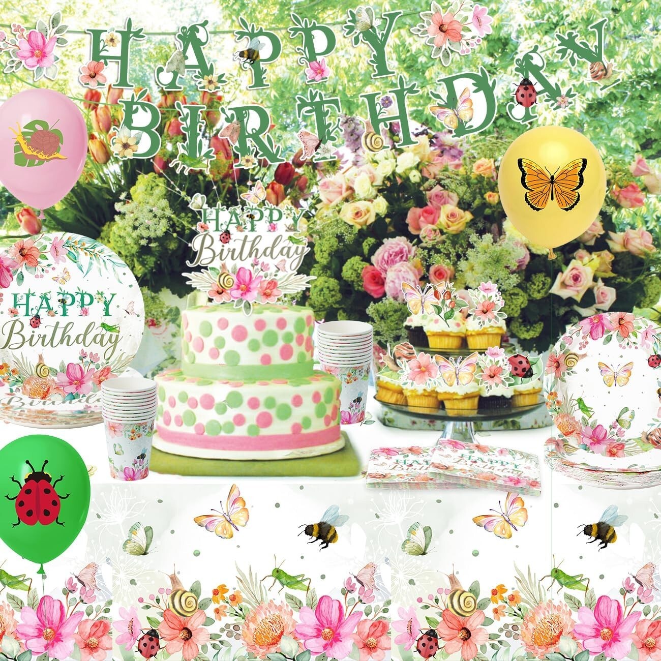 Floral Birthday Party Disposable Tableware & Decorations Set - Multicolor