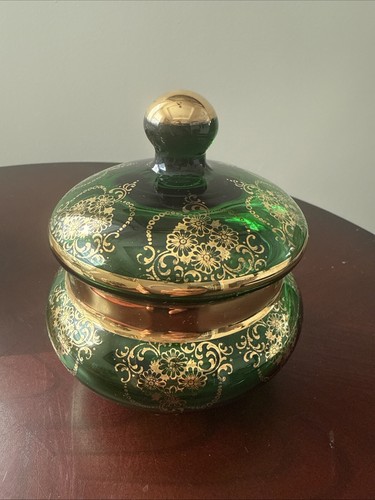 Vintage Hand Painted Laguna Murano Glass Gold Green Glass Trinket Box Italy