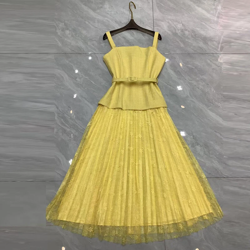 Французский Summer новый женщин похудения ремень соединять желтый сетки длинный ремень юбка платье - Изображение 4 из 4