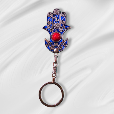 Elegant Moroccan Blue Hamsa Keychain with Red Gemstone Hand of Fatima Charm