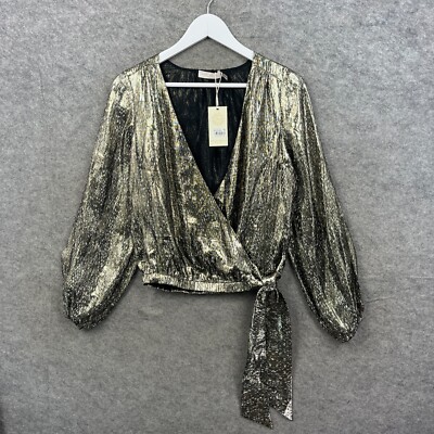 Ramy Brook Top Damen klein gold Bluse Seide Wickel Puffärmel metallic neu mit Etikett