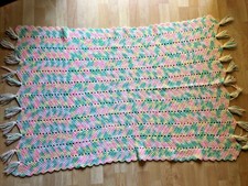 VTG Hand Knit Acrylic Pastel Infant Baby Blanket 53"x32" Fringe Scallop Edge