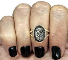 Stingray Coral Ring, Size M, Oval Shaped, Sterling Silver, Black and White Coral
