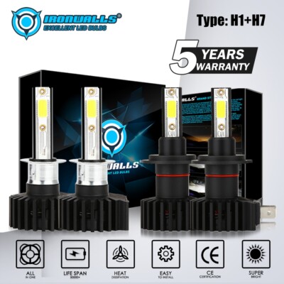 Combo H1 H7 LED Headlight Bulbs Kit 4400W 660000LM Hi/Low Beam 6000K Xenon White