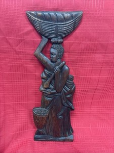 Vintage Hand Carved Wooden Figure Haiti Wall Hanging Haitian Woman Basket