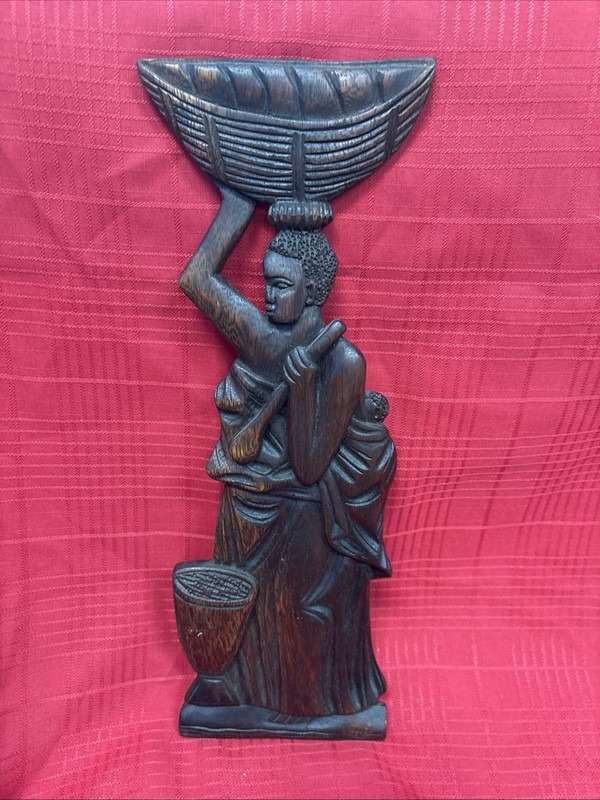 Vintage Hand Carved Wooden Figure Haiti Wall Hanging Haitian Woman Basket