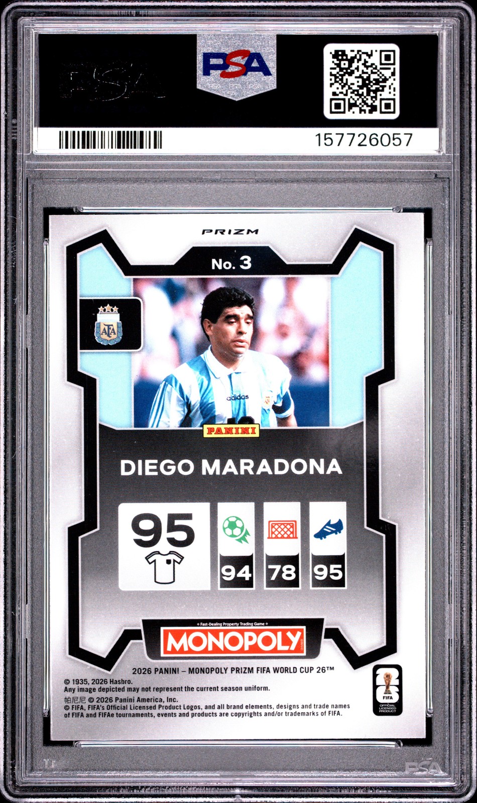 2026 PANINI PRIZM MONOPOLY FIFA WORLD CUP SILVER PRIZM #3 DIEGO MARADONA PSA 8 view 2