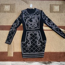 Fashion Nova Black Studded Bodycon Dress Mock Neck Long Sleeve Size M