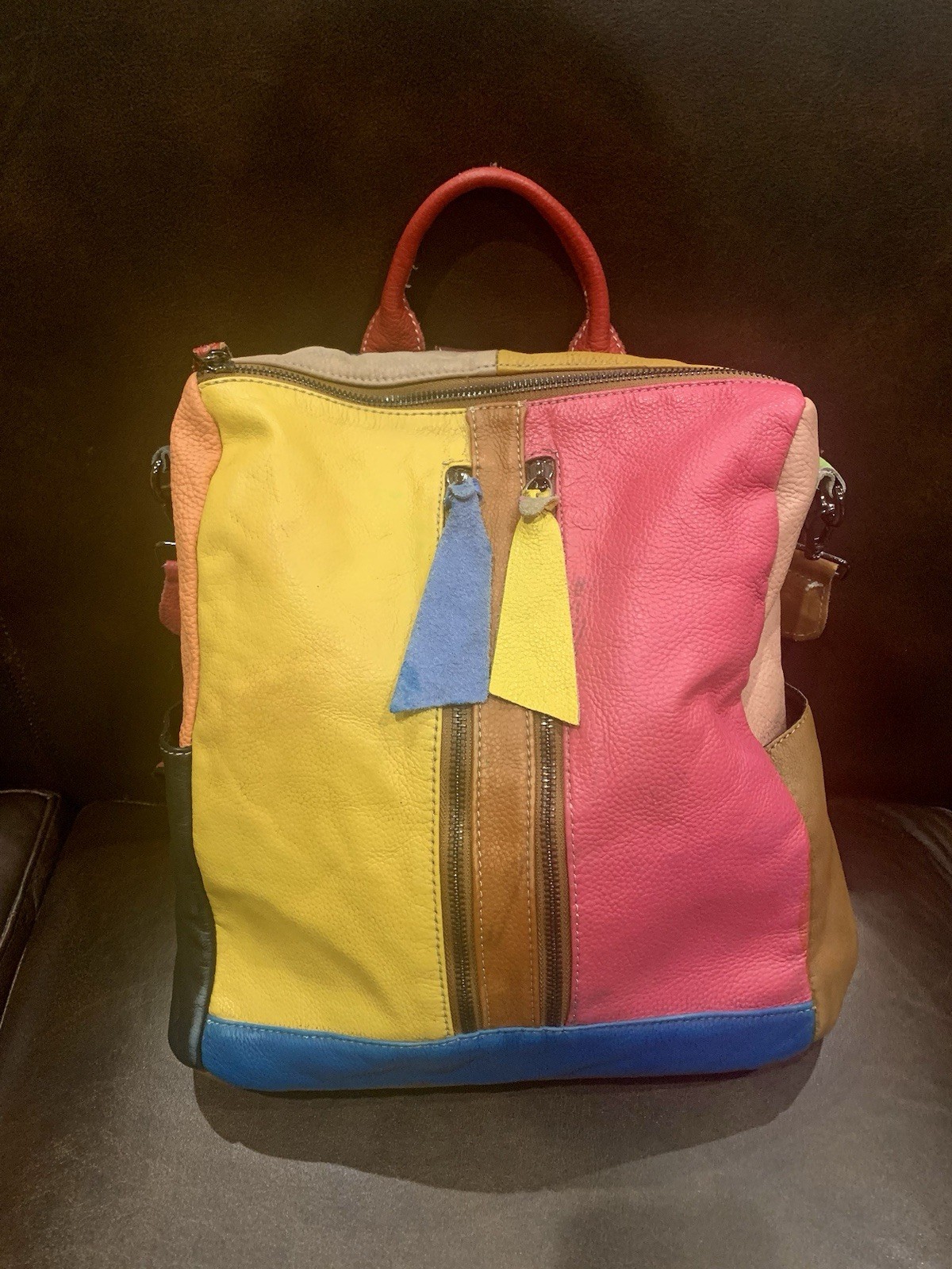 Multicolored Soft Leather Functional Backpack~Cut… - image 1