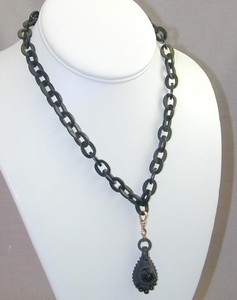 Victorian Gutta Percha Vulcanite Link Chain With Ornate Pendant Mourning