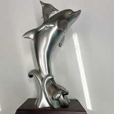 Herco Metal Dolphin Figurine Silver Tone on Wooden Base Collectible