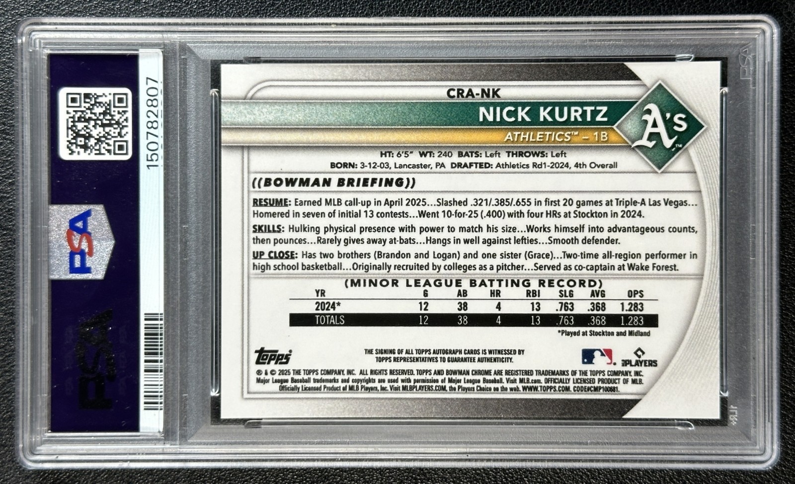 NICK KURTZ PSA 10 2025 BOWMAN CHROME #CRA-NK ROOKIE GOLD REFRACTOR AUTO RC 9/50 view 2