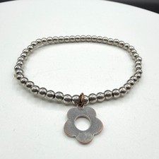 Silver Tone Ball Bead Stretch Bracelet Flower Charm Boho Stackable Jewelry Gift