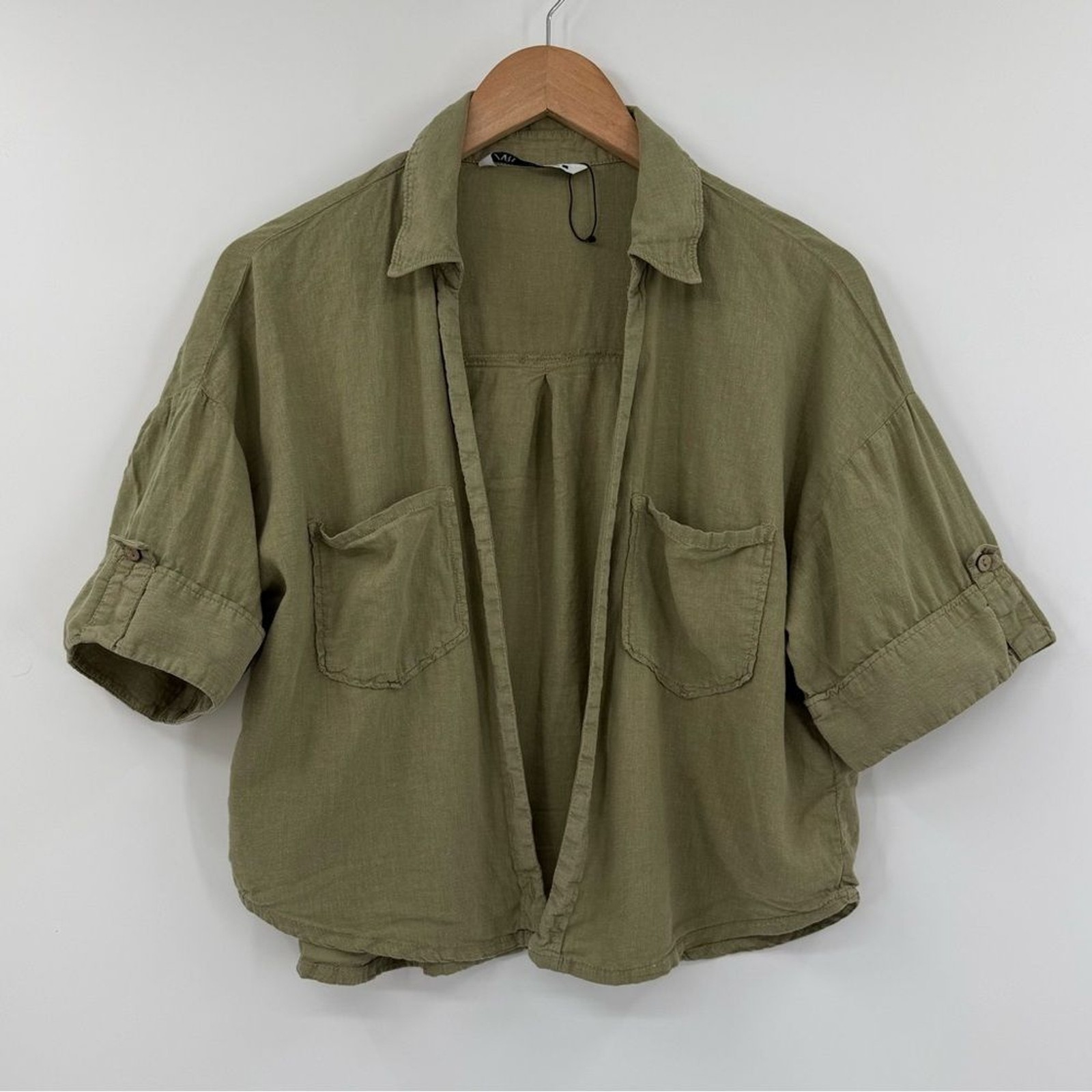 Zara Linen Blend Short Sleeve Open Front Shirt in Olive Green | Small