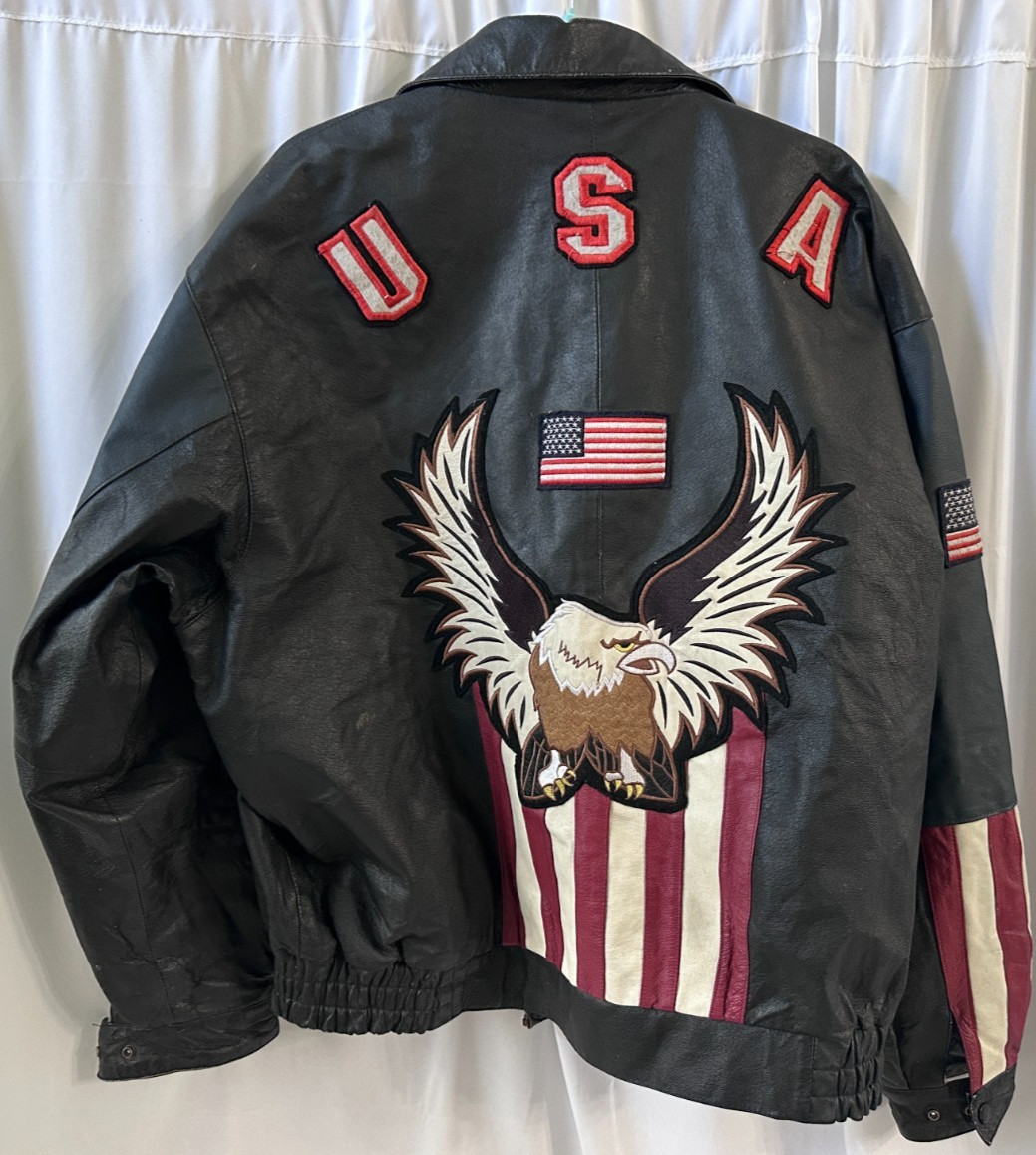 Trashed Black Leather USA Jacket Eagle American F… - image 2