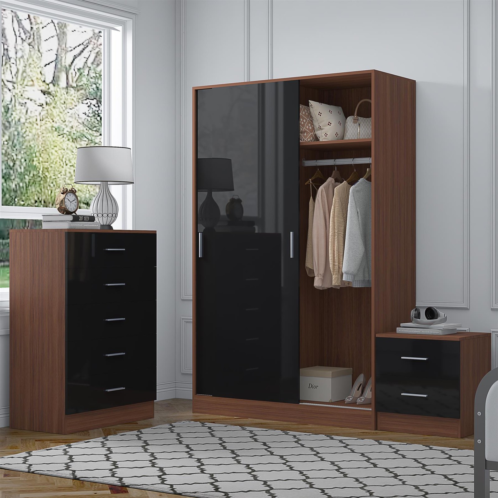REFLECT Bundle - Sliding Wardrobe + Tall Chest + Bedside - Black/Walnut