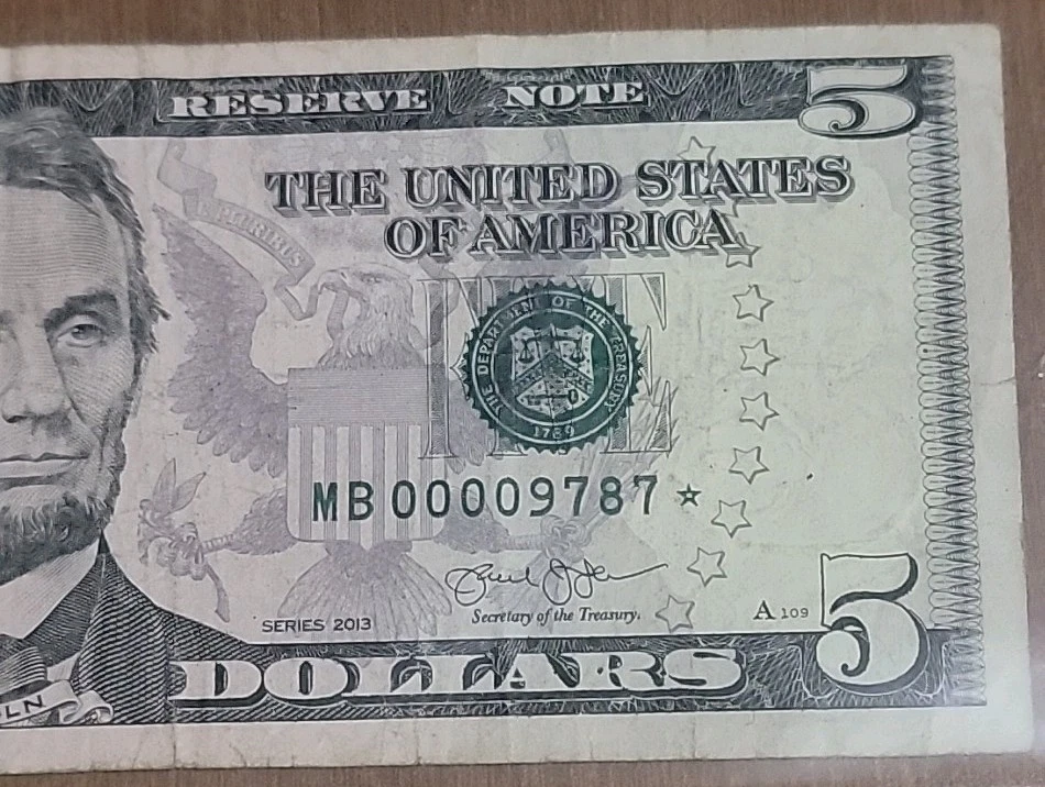 Ultra Low Serial 2013 $5 BILL FEDERAL RESERVE STAR NOTE ☆ Rare LOW SERIAL NUMBER - Image 2 of 4