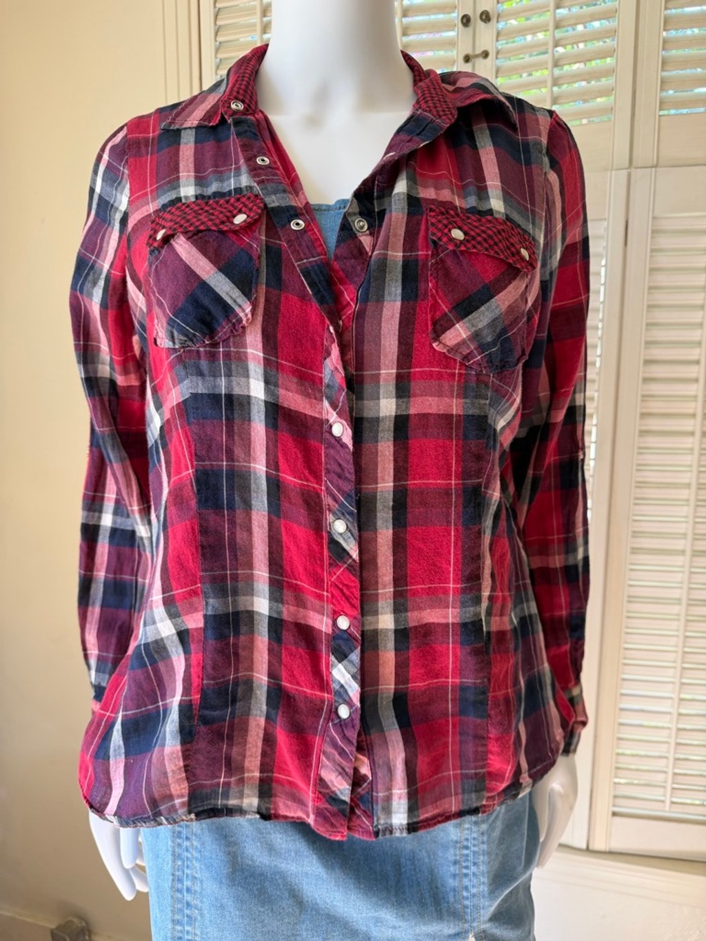 Women's Active Basic Red & Blue Plaid Button Down… - image 3