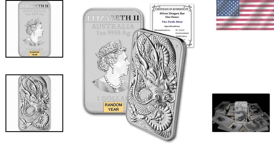 Barra de plata dragón edición limitada 2018-P Perth Mint 1 oz - acabado brillante certificado de autenticidad Foto 2 de 4