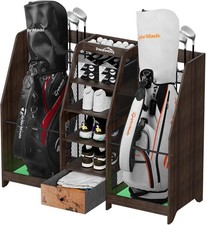 Premium Wooden Golf Bag Storage Organizer for Garage - 2 Bag Rack with Drawer
