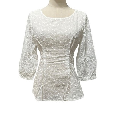 TULIP B Women s Small White Eyelet Floral Embroidery Fitted Waist Peasant Blouse