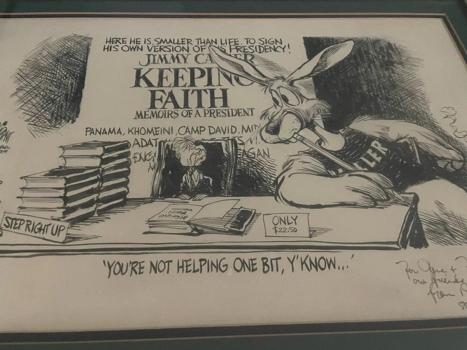 DIBUJO DE DIBUJOS ANIMADOS ORIGINAL INSCRITO AUTOGRAFIADO PAT OLIPHANT - JIMMY CARTER 1982 Foto 2 de 3