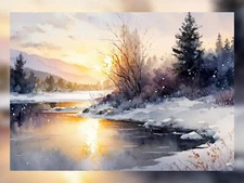 Winter Watercolor Painting Print - Serene Snowscape Art 5" x 7"