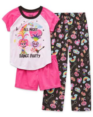 Trolls Little Girls 3 Pc Dance Party Pajama Set NWT Size 4   Shirt Pants Shorts