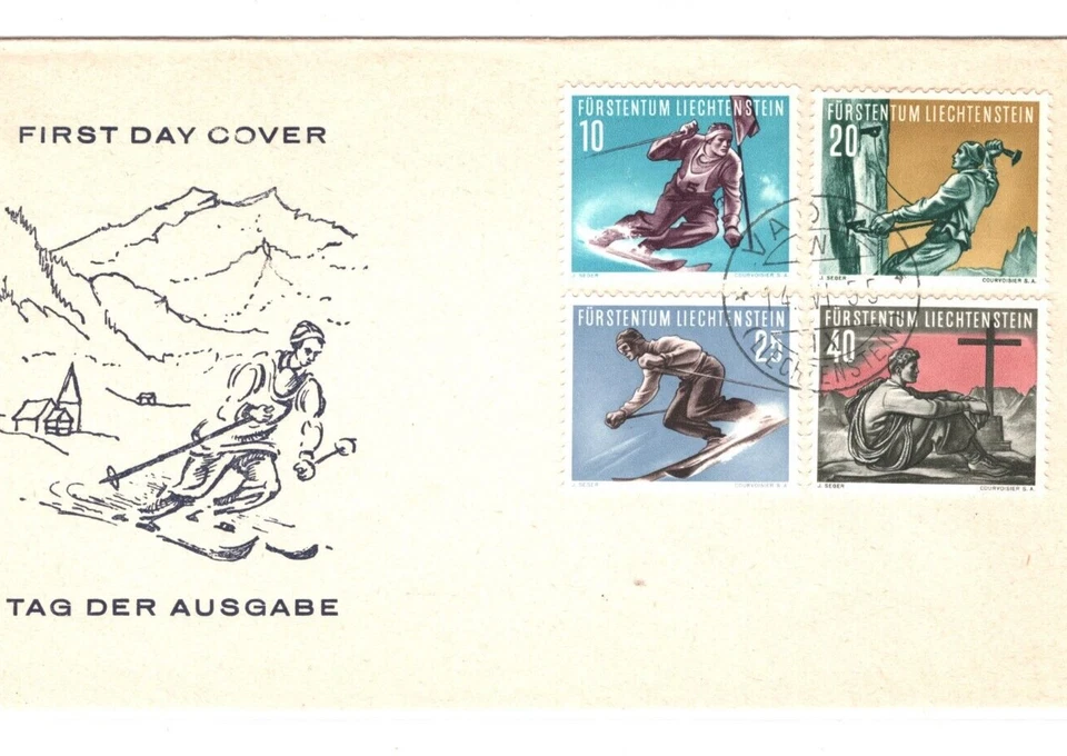 LIECHTENSTEIN 1955 FDC Illustrated SKIING/CLIMBING Winter MOUNTAIN Sports KA257 - Image 2 of 4